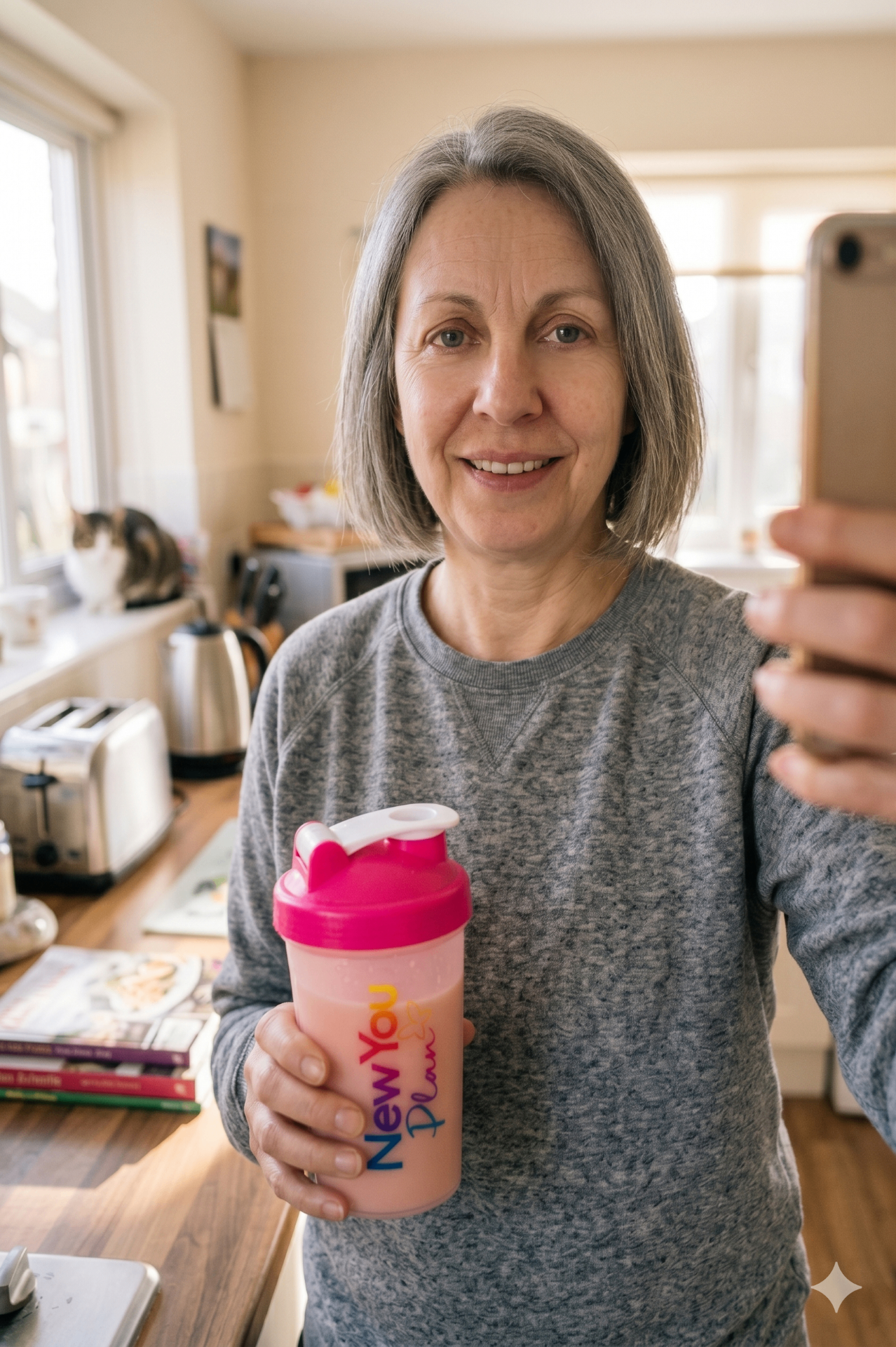 Older customer with grey hair holding a New You Plan shaker
